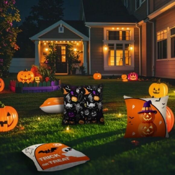 Throw Pillow Covers 18x18 Set Of 4 Halloween, Ghost, Cat, Witch Hat - Picture 2 of 6